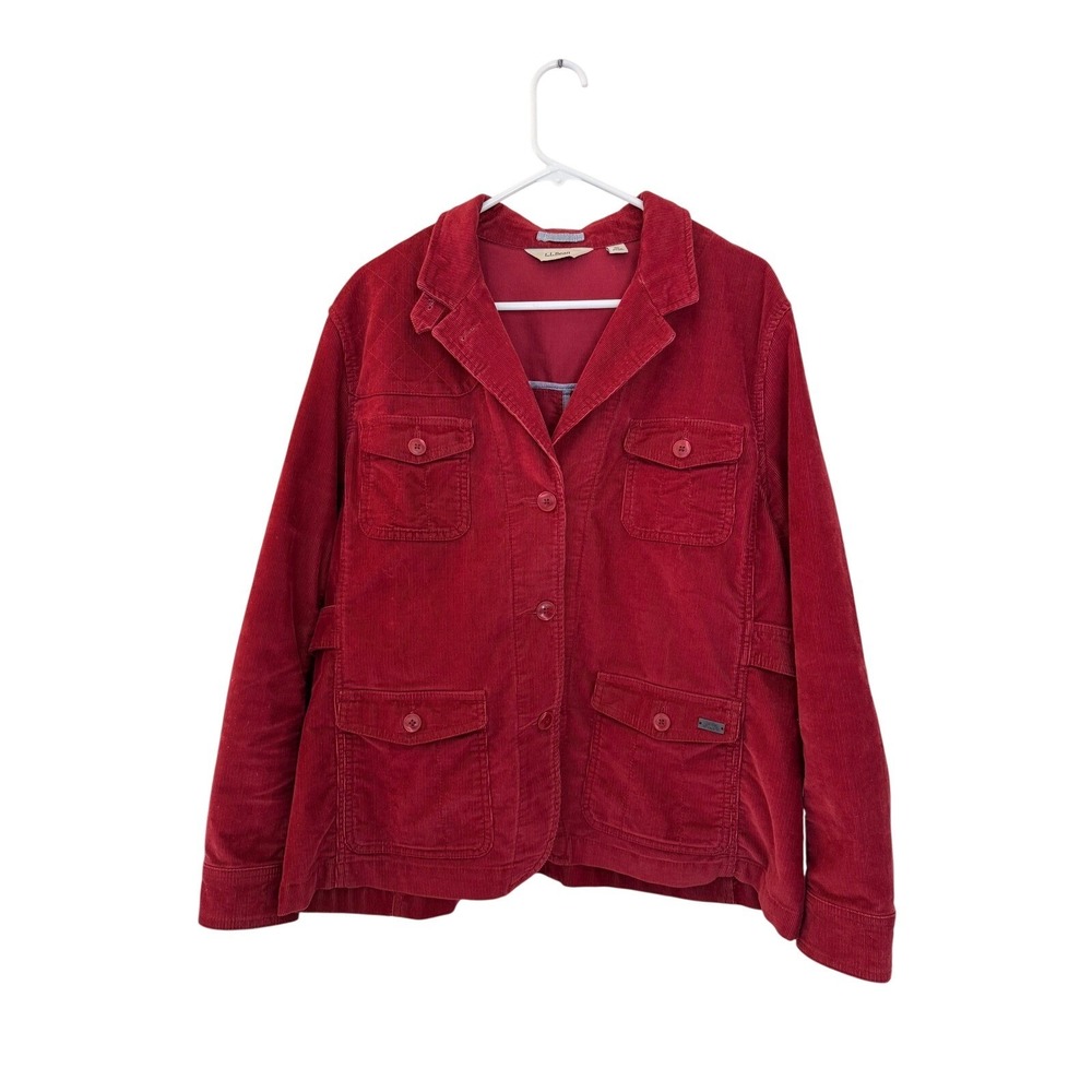 LL Bean Womens XL Red Corduroy Field Chore Coat Jacket Elbow Patches Utility